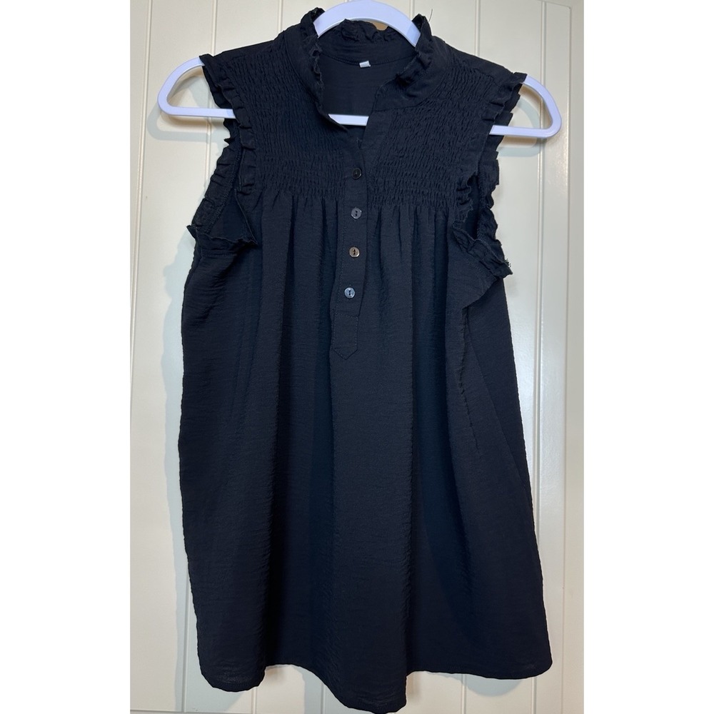 Smocked Top Womens black Ruffle Neck sleeveless blouse tunic longer length sz M